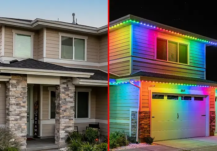 Two-storey with garage: daytime on the left, permanent lights on at night on the right