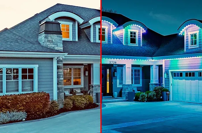 Dormers and gables: daytime on the left, permanent lights on at night on the right