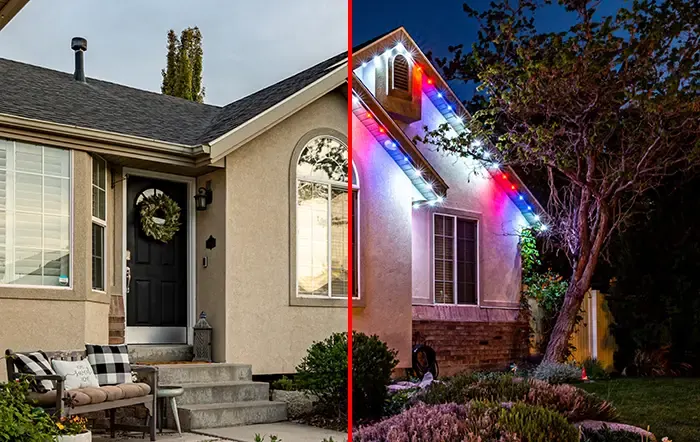 Stucco gable: daytime on the left, permanent lights on at night on the right