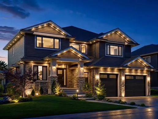 Two-storey home at dusk with warm white permanent lights along every roofline